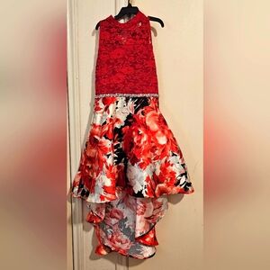 Red and Floral High-Low Dress